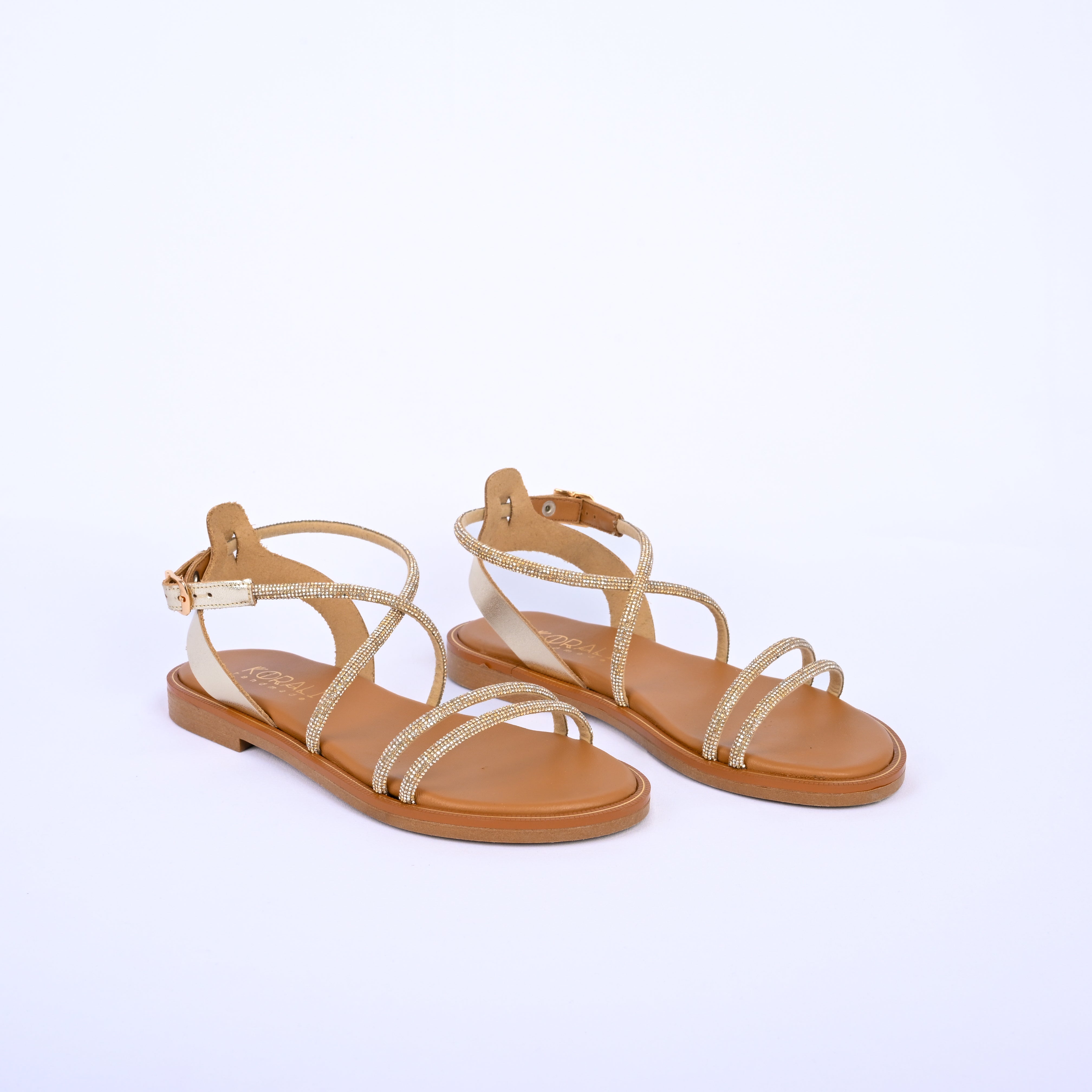 IVANA Leather Strappy Sandals with Rhinestone Embellishment