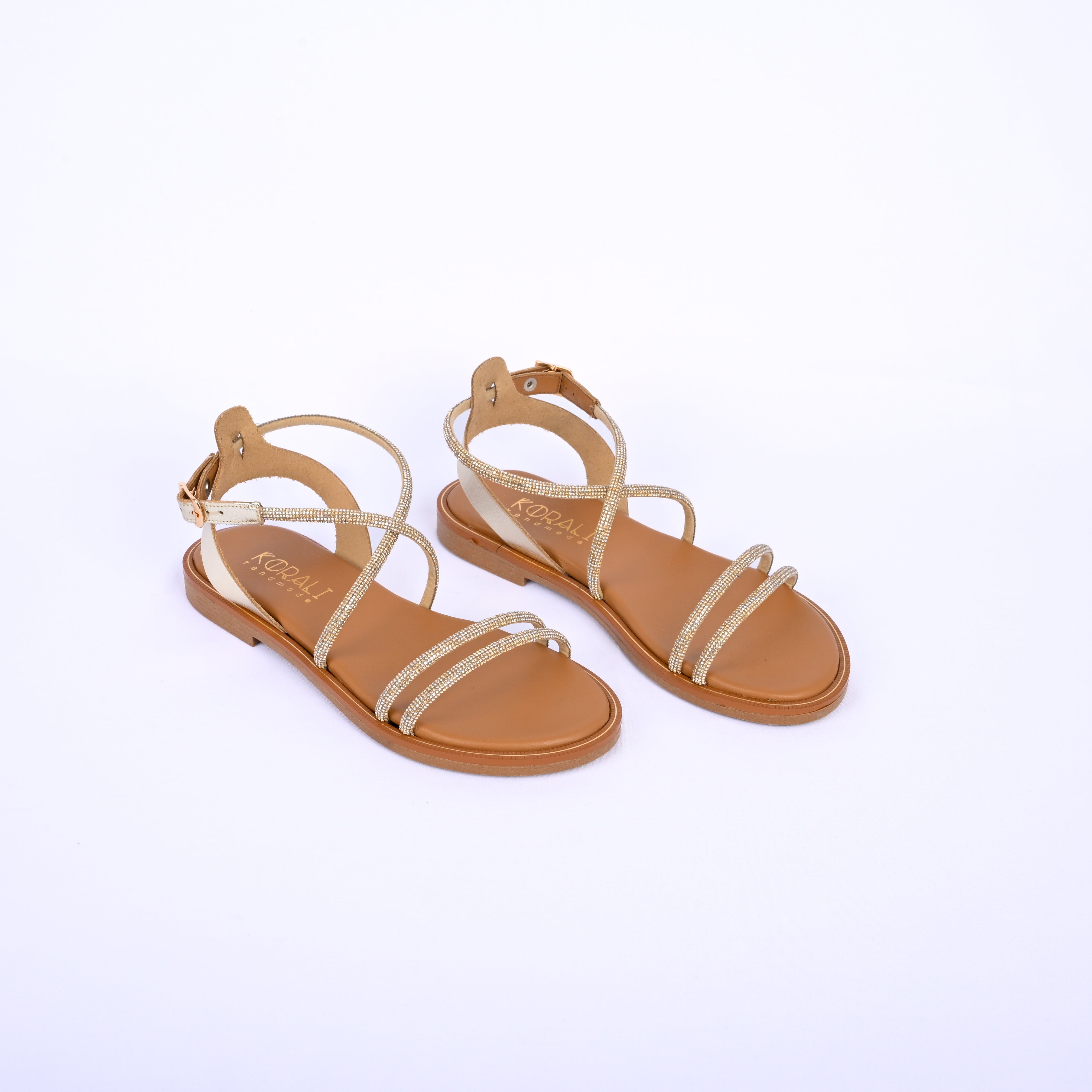 IVANA Leather Strappy Sandals with Rhinestone Embellishment