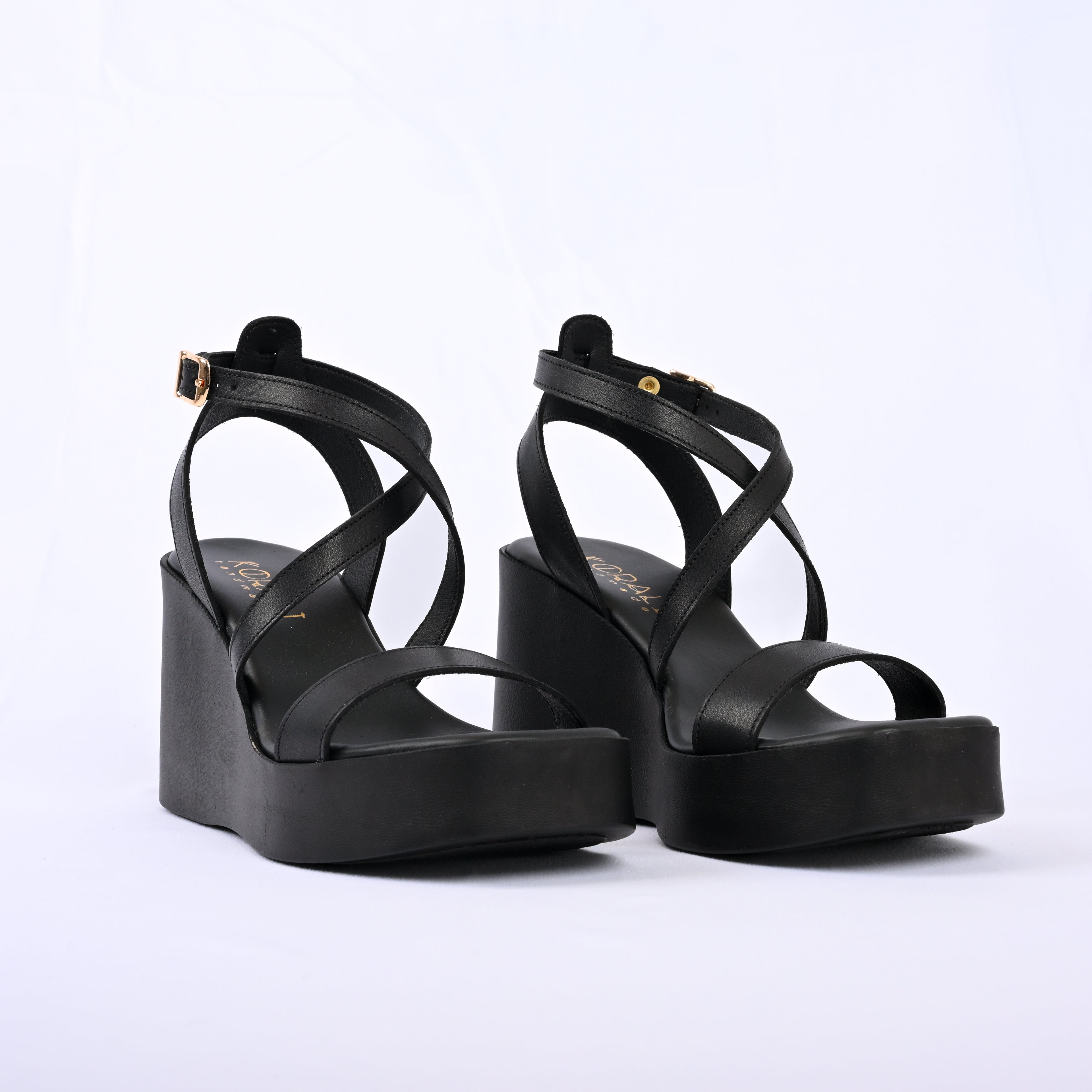 IOLI Cross-Strap Leather Wedge Sandals