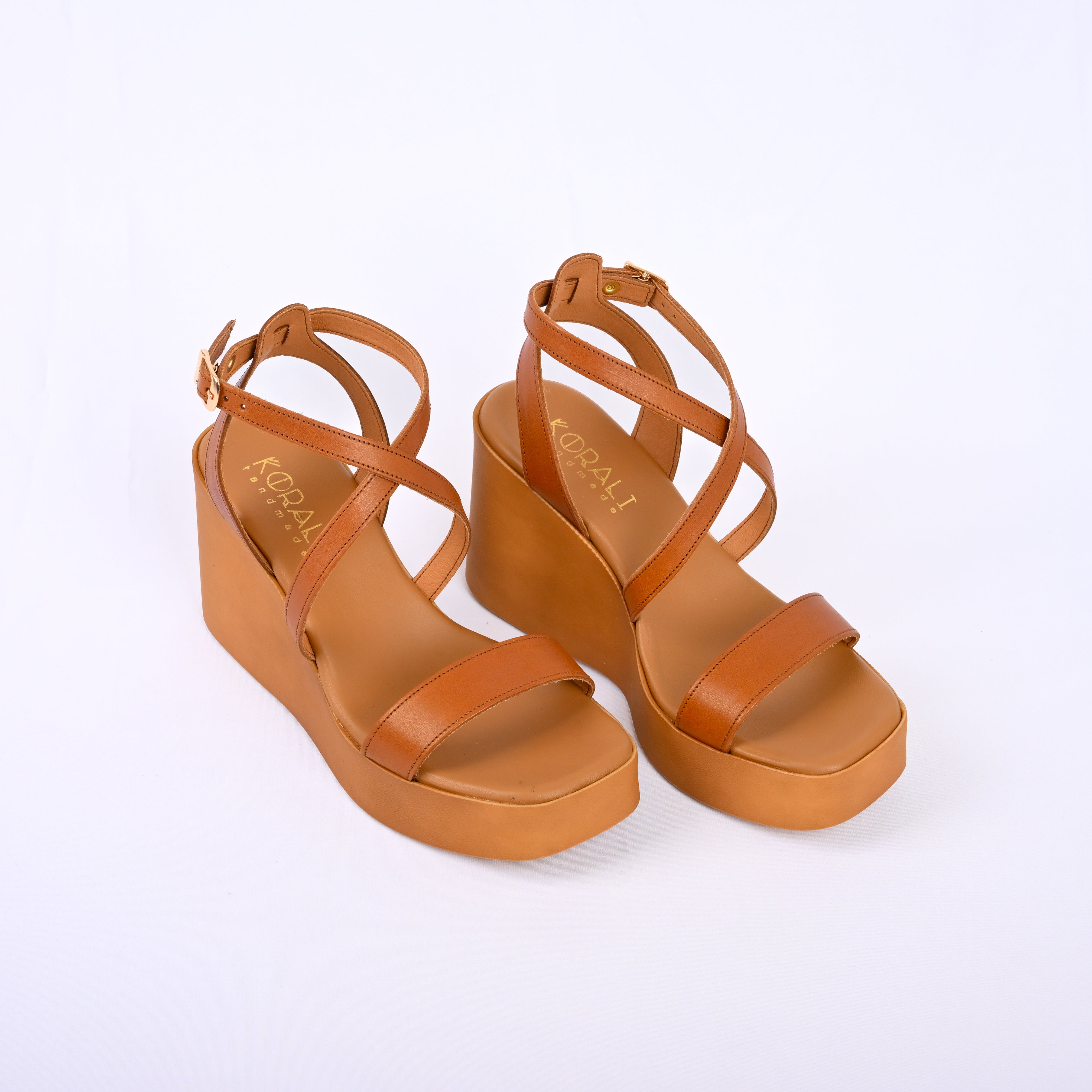 IOLI Cross-Strap Leather Wedge Sandals