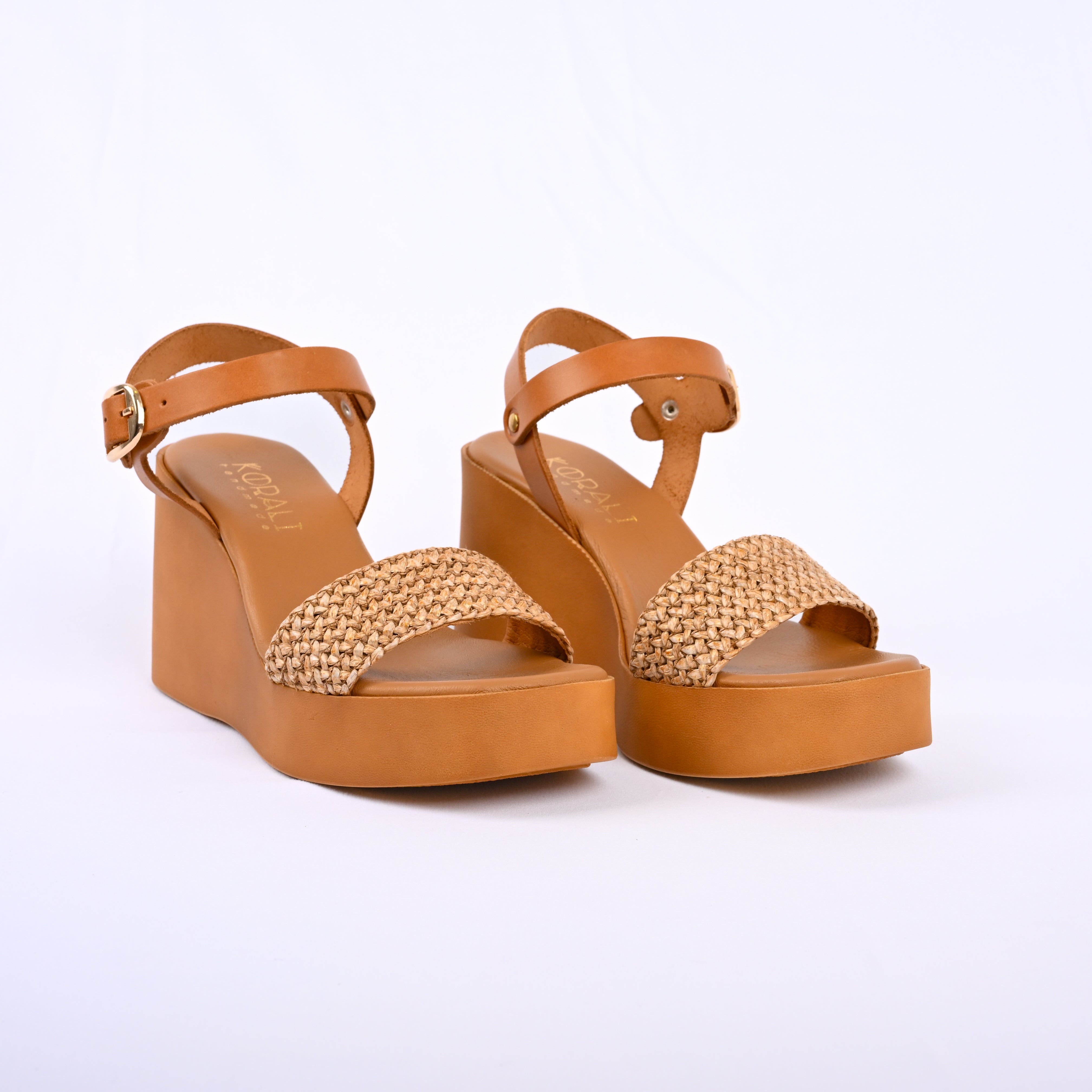PENELOPE Leather Wedges with Raffia Front Strap