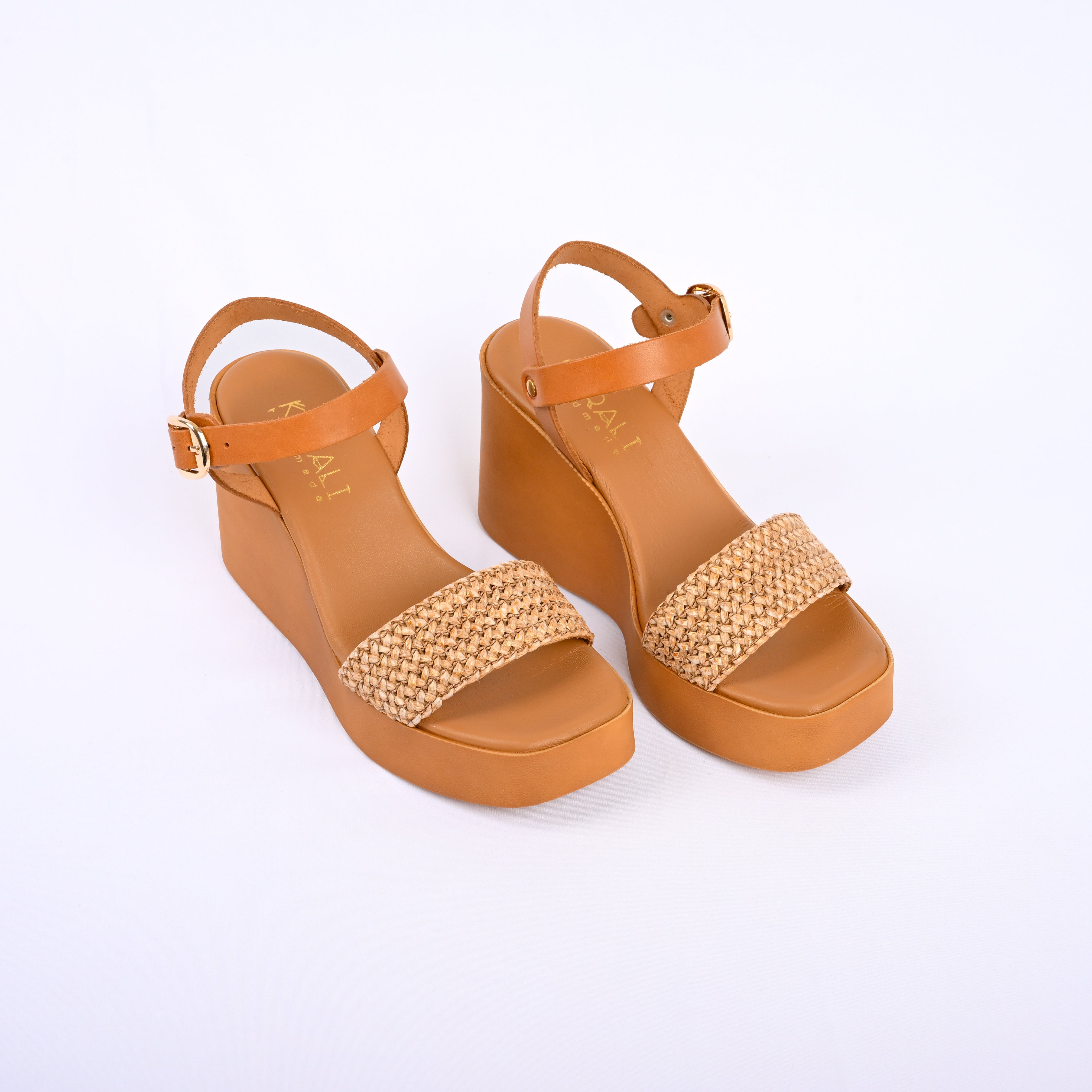 PENELOPE Leather Wedges with Raffia Front Strap