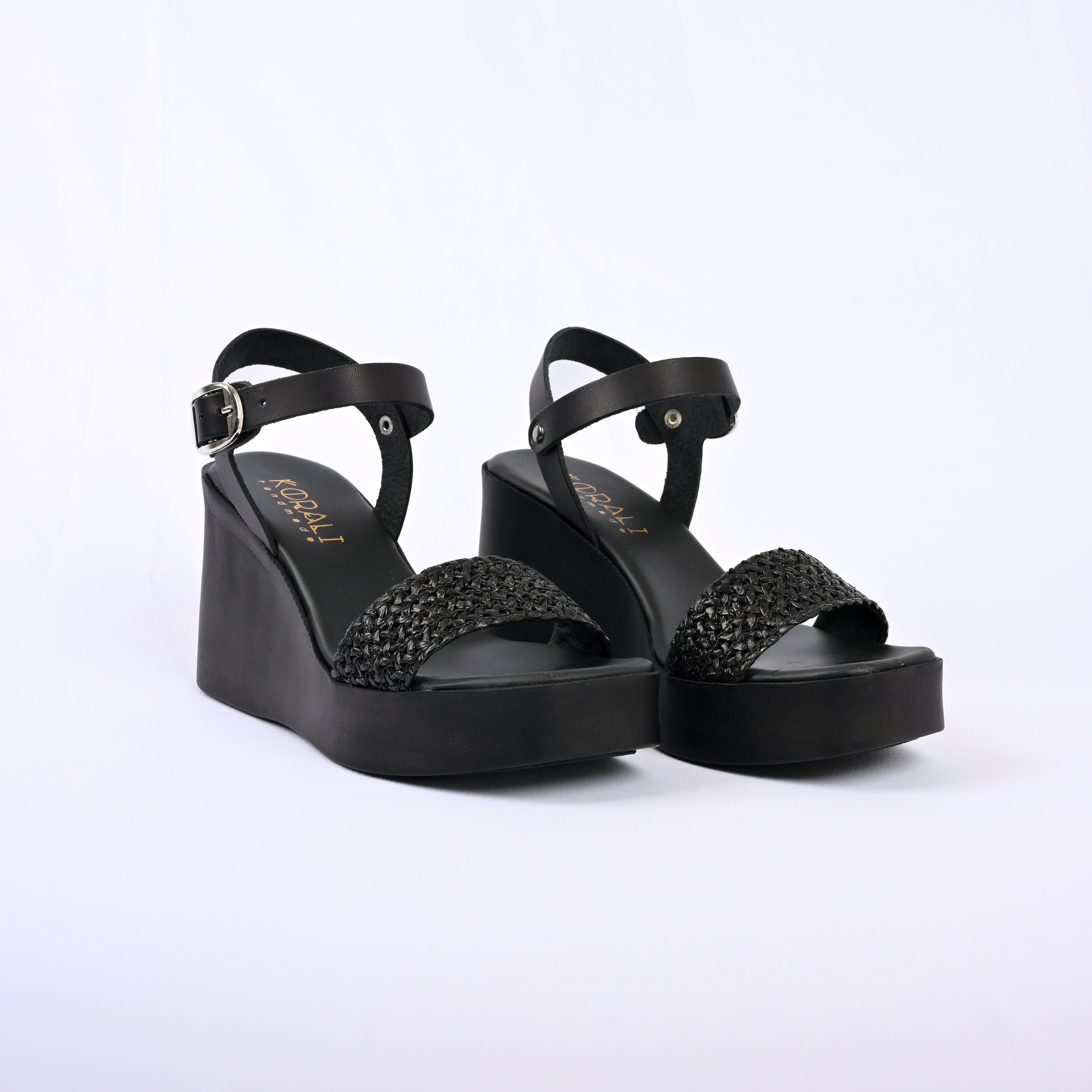 PENELOPE Leather Wedges with Raffia Front Strap
