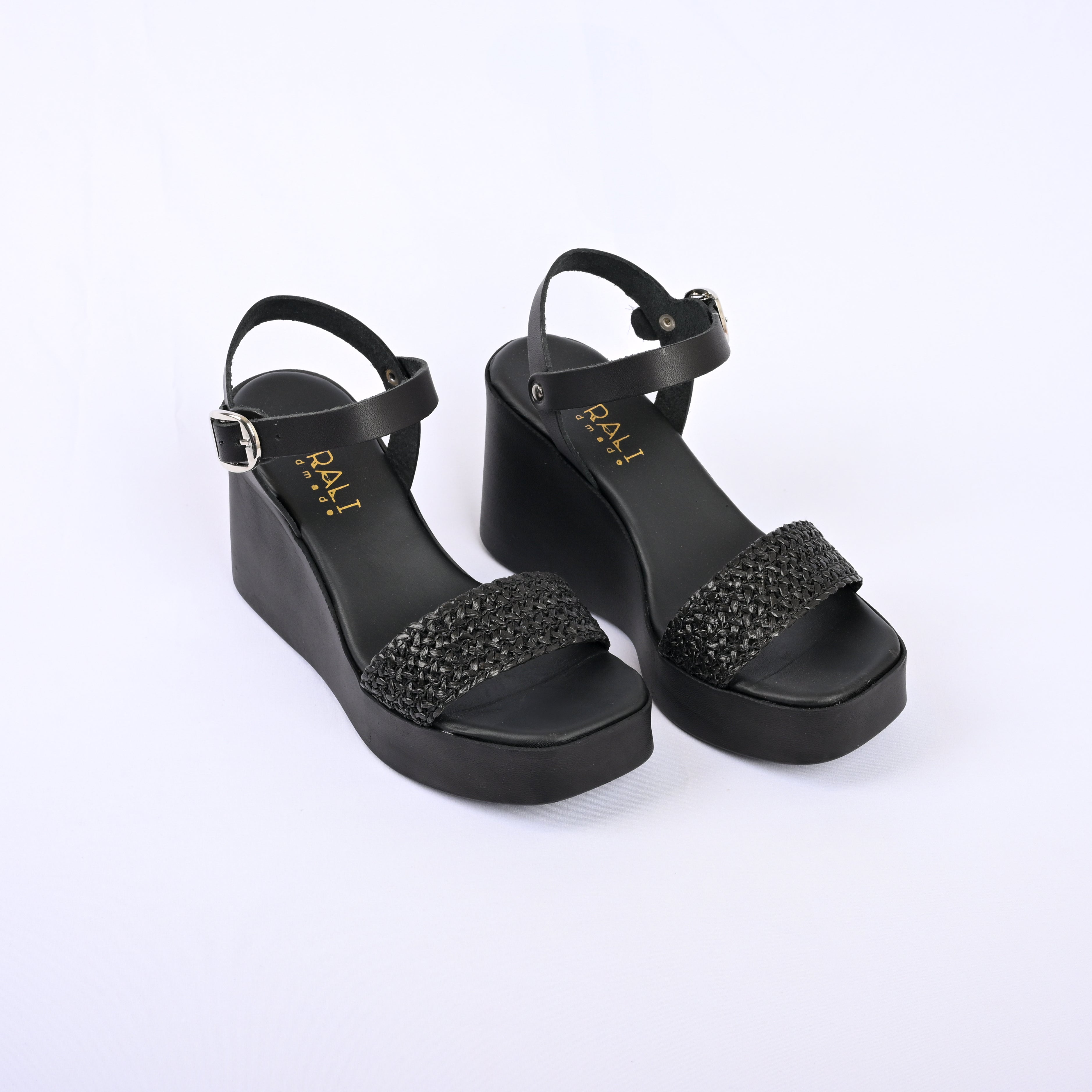 PENELOPE Leather Wedges with Raffia Front Strap