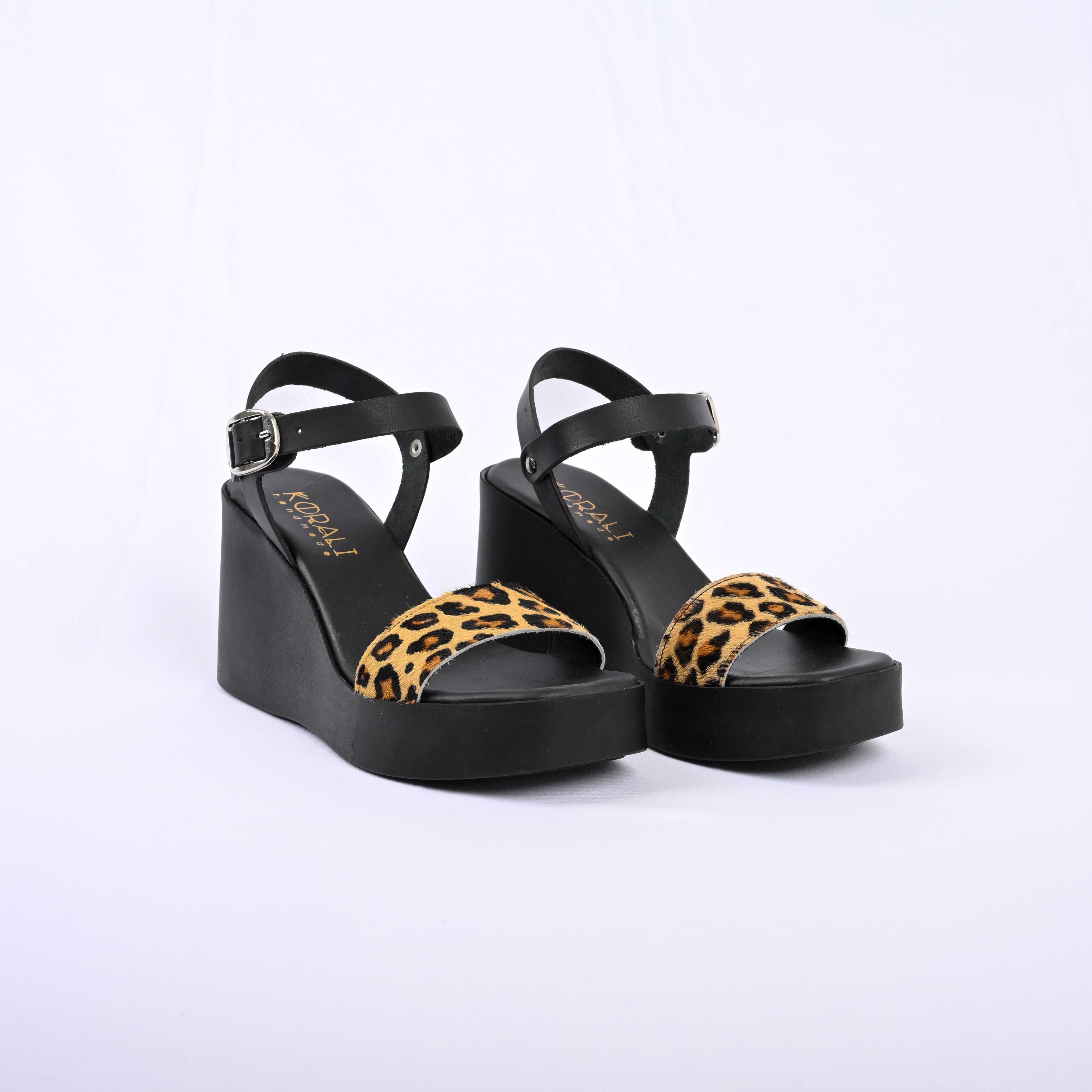 ILIANA Wedge Leather Sandals with Leopard Detail