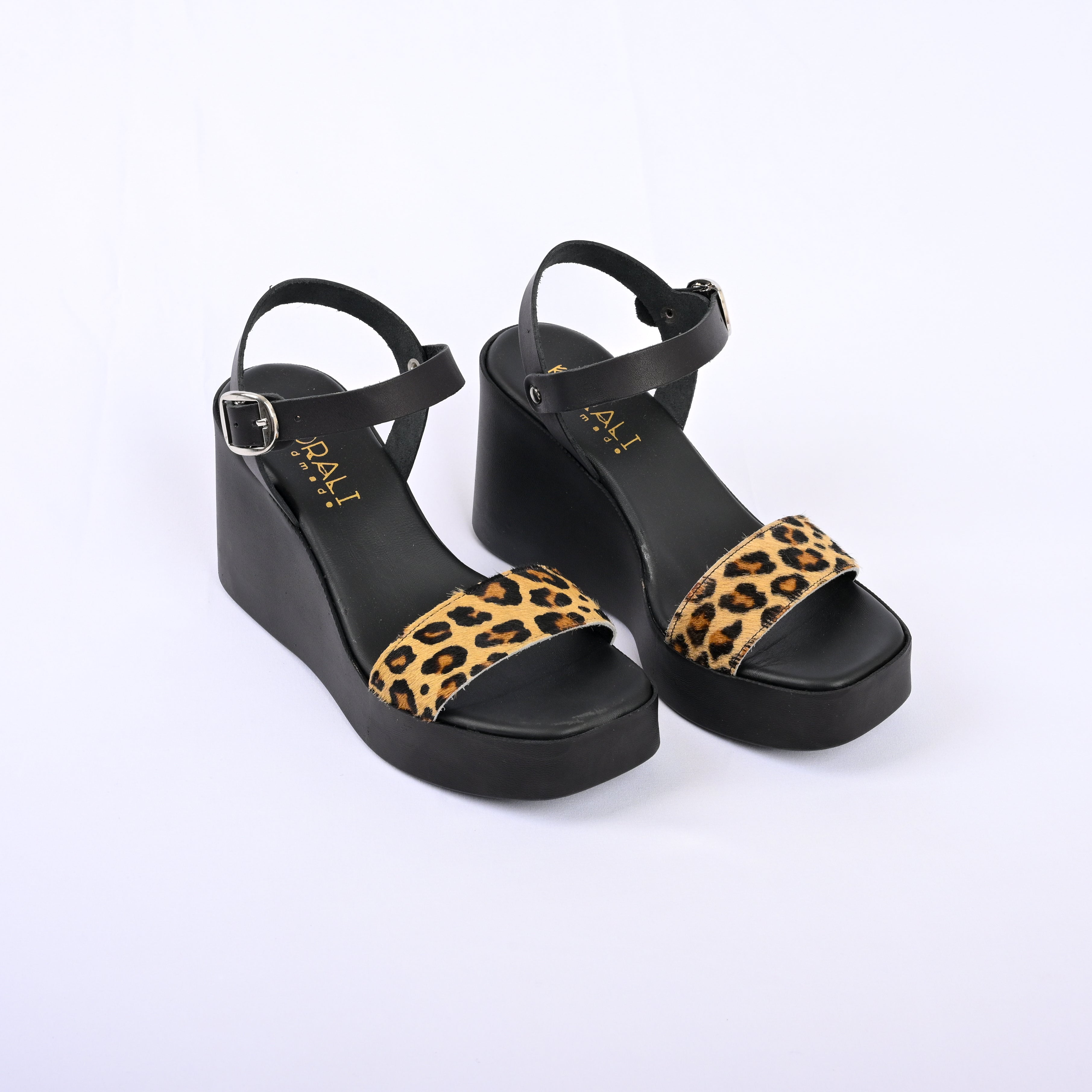 ILIANA Wedge Leather Sandals with Leopard Detail