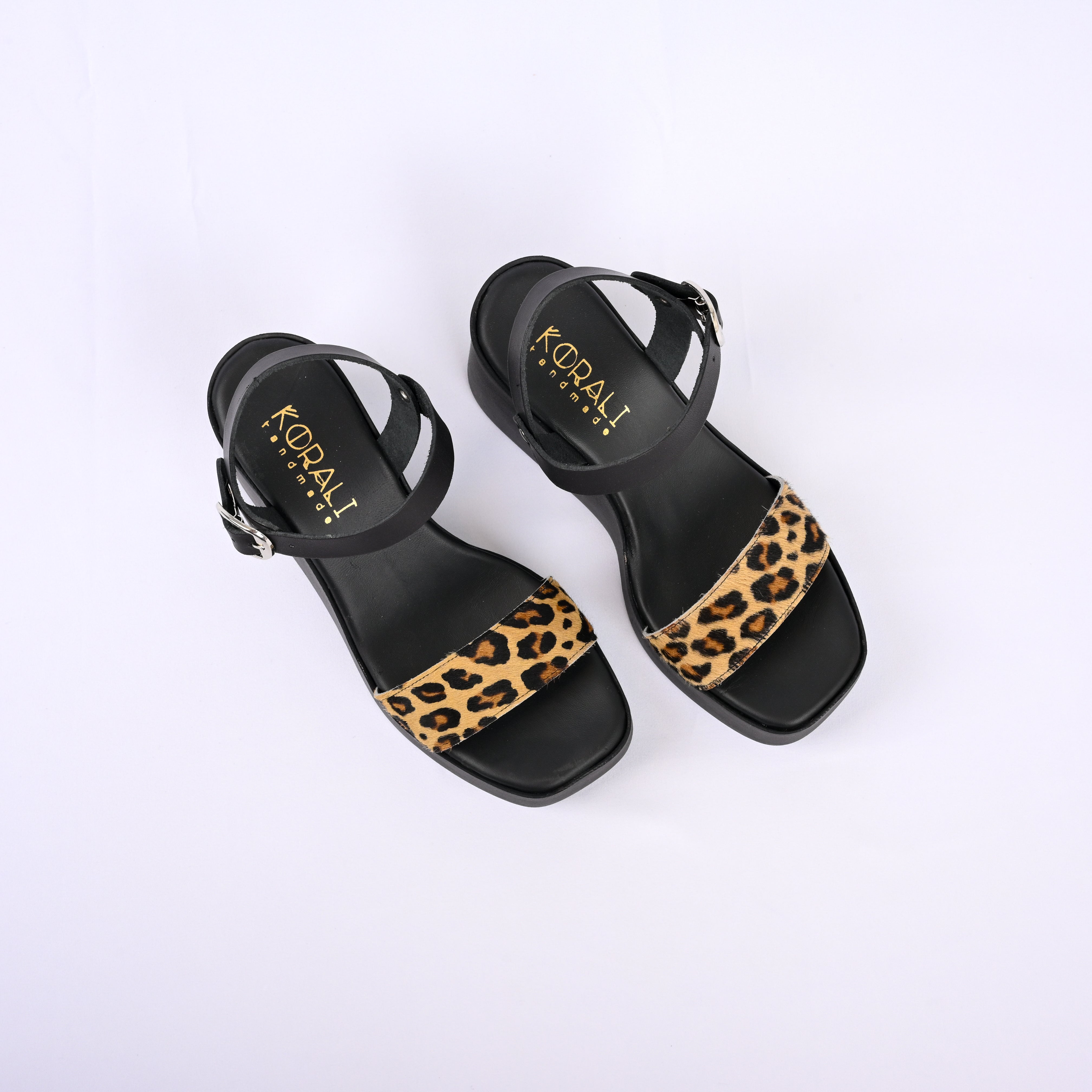 ILIANA Wedge Leather Sandals with Leopard Detail