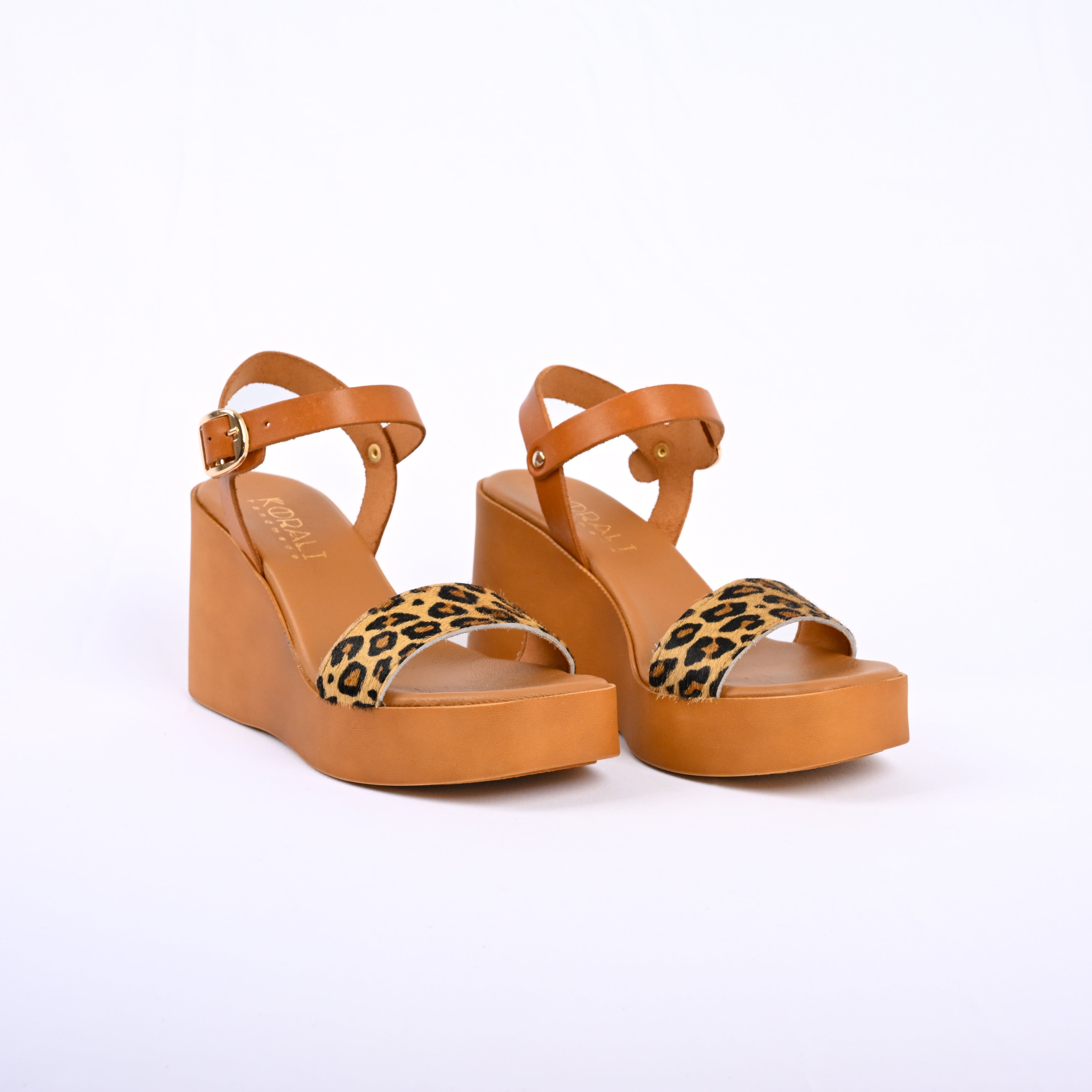 ILIANA Wedge Leather Sandals with Leopard Detail