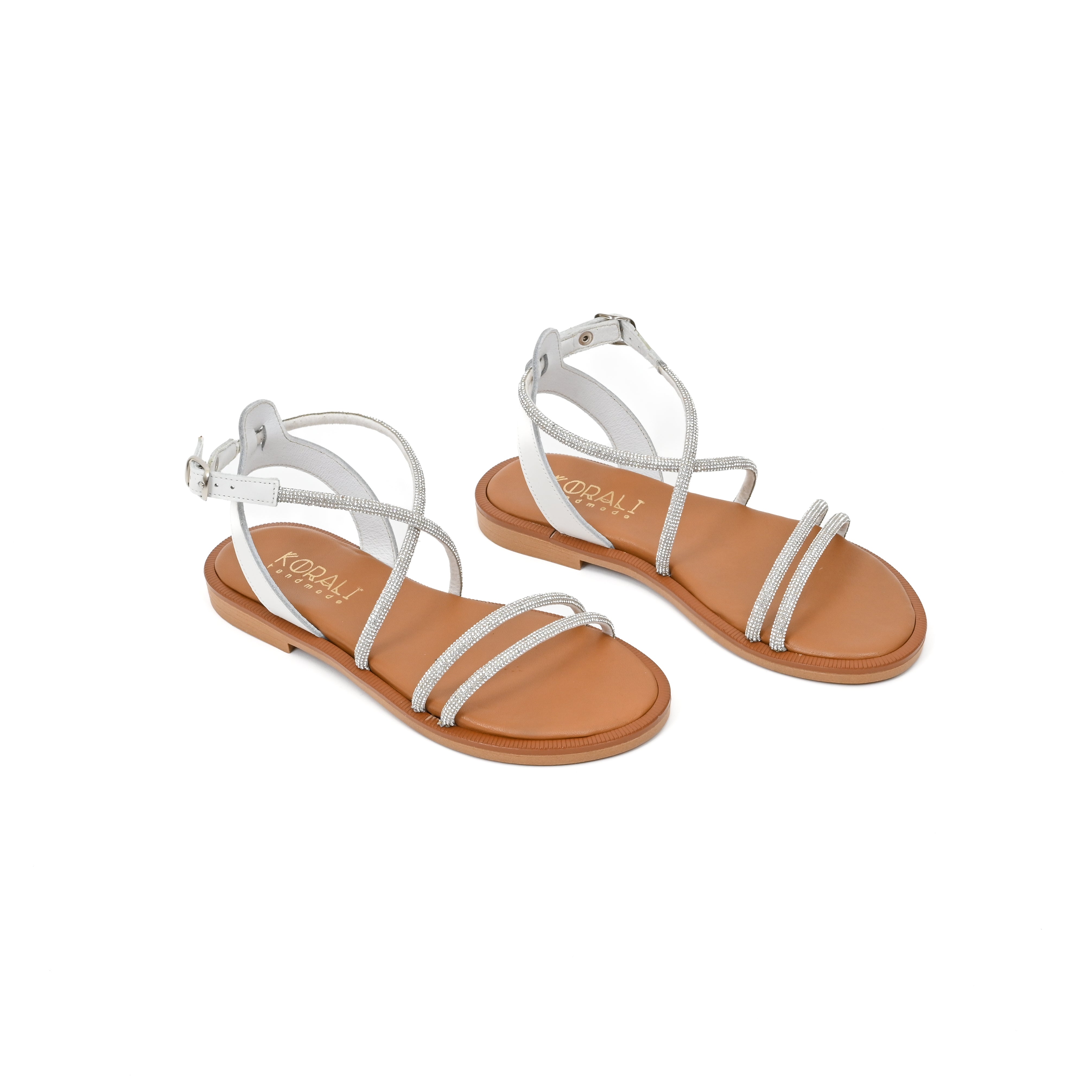 IVANA Leather Strappy Sandals with Rhinestone Embellishment