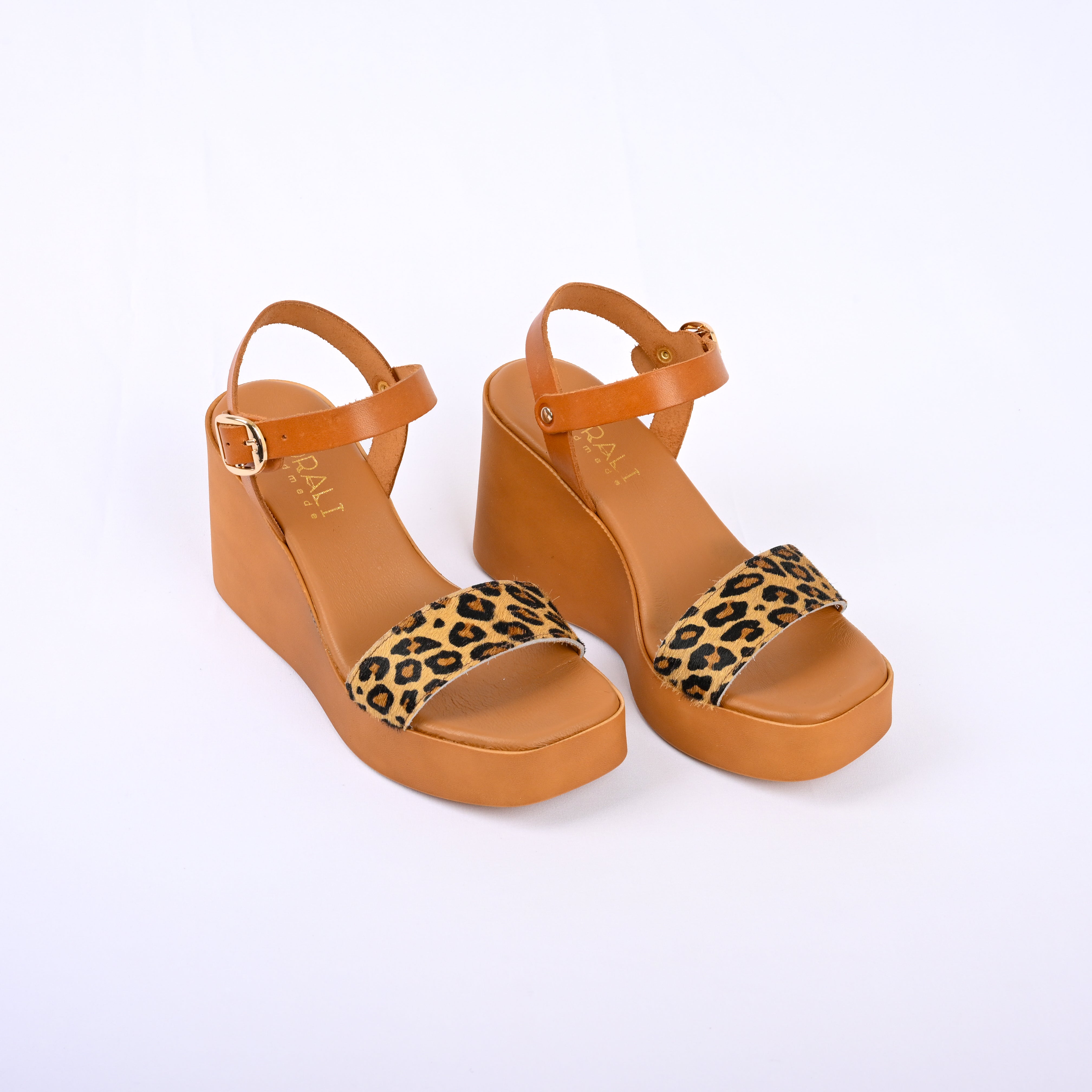 ILIANA Wedge Leather Sandals with Leopard Detail