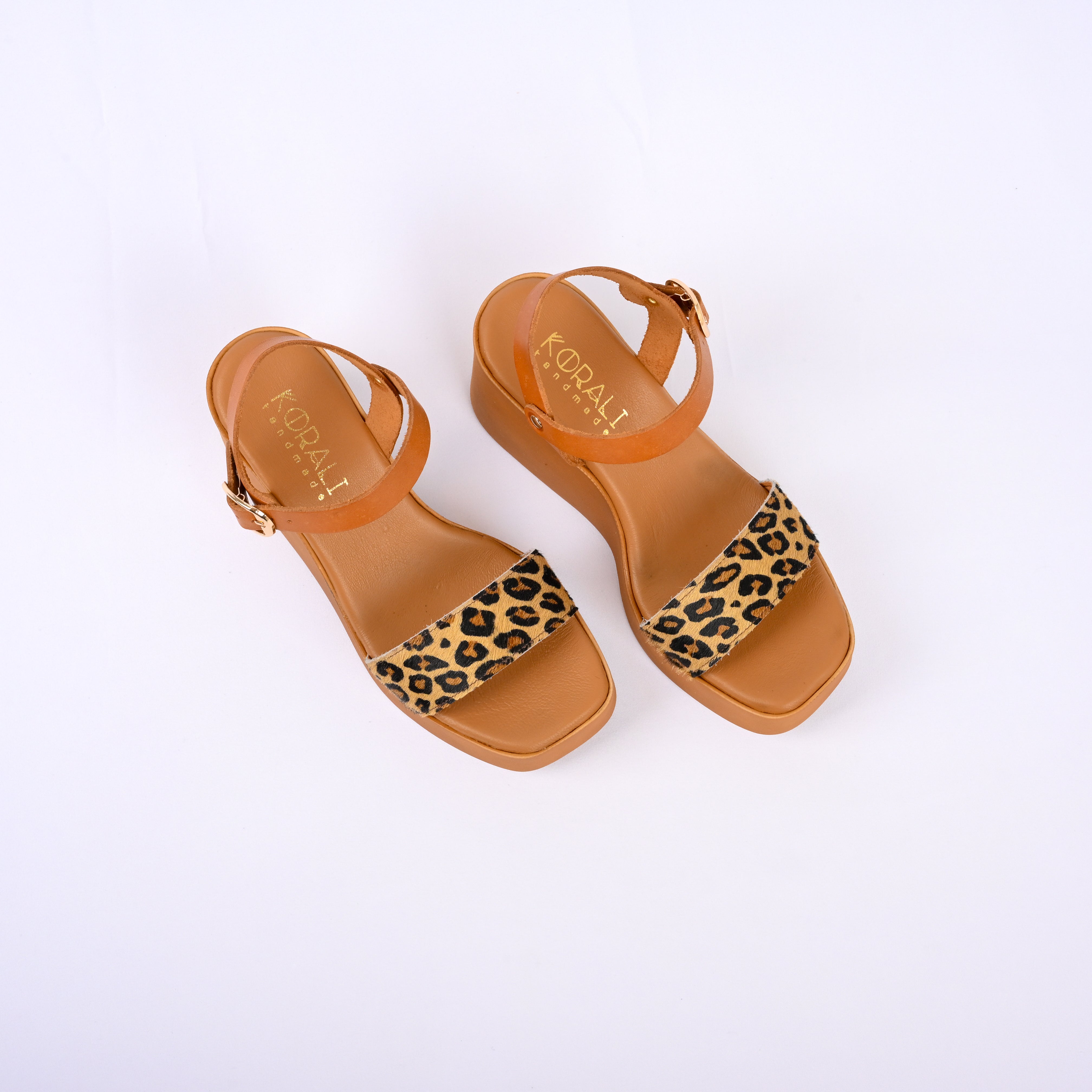 ILIANA Wedge Leather Sandals with Leopard Detail