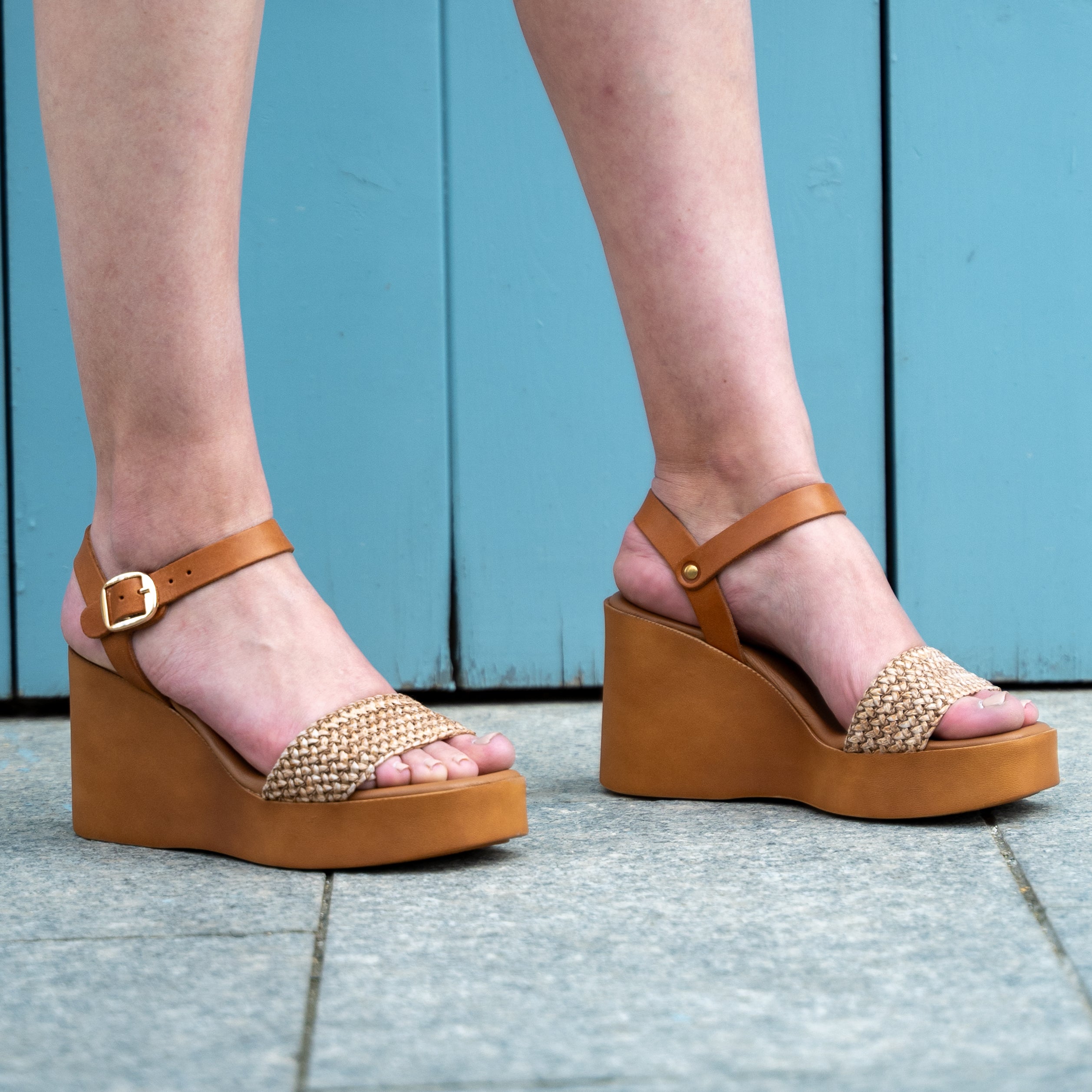 PENELOPE Leather Wedges with Raffia Front Strap