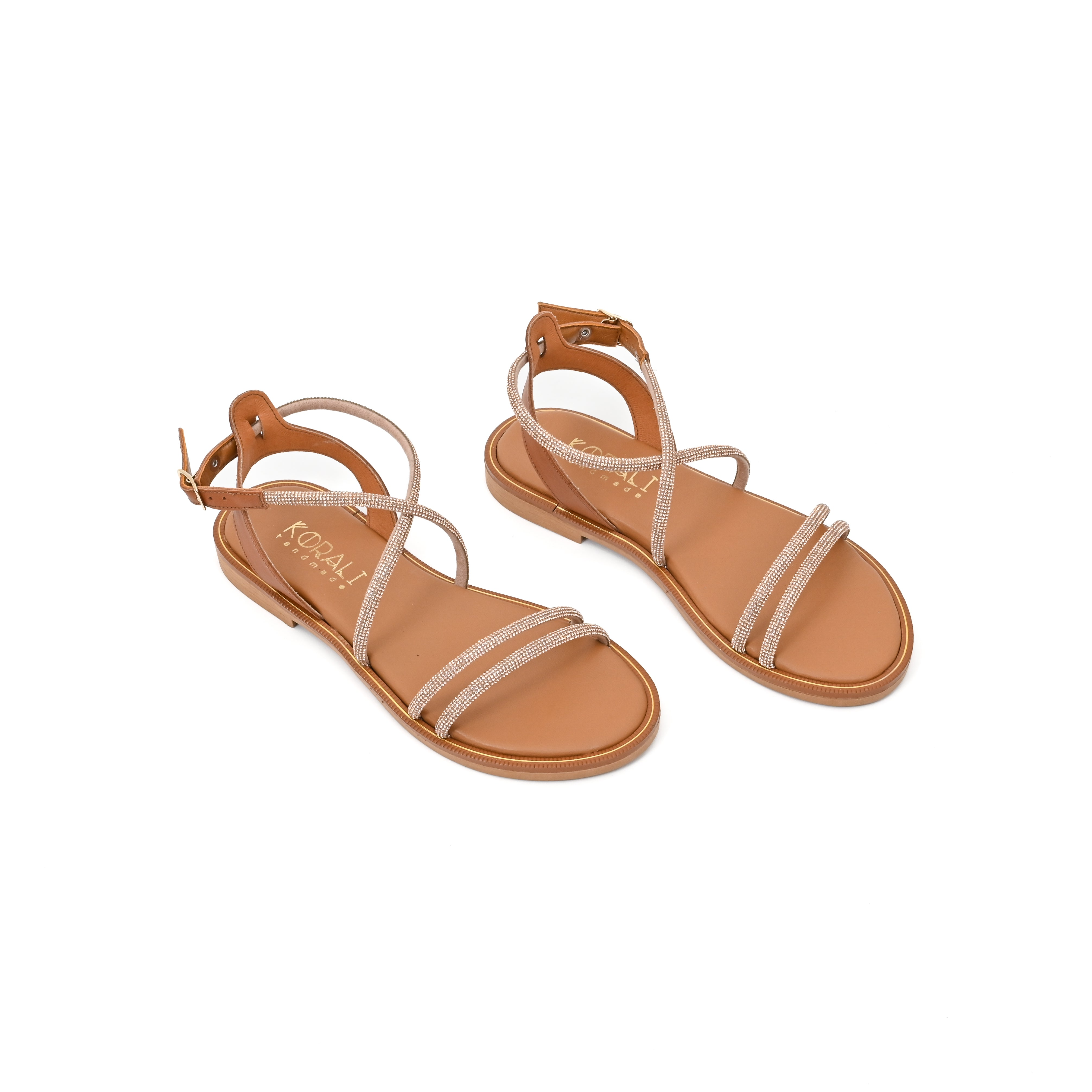 IVANA Leather Strappy Sandals with Rhinestone Embellishment
