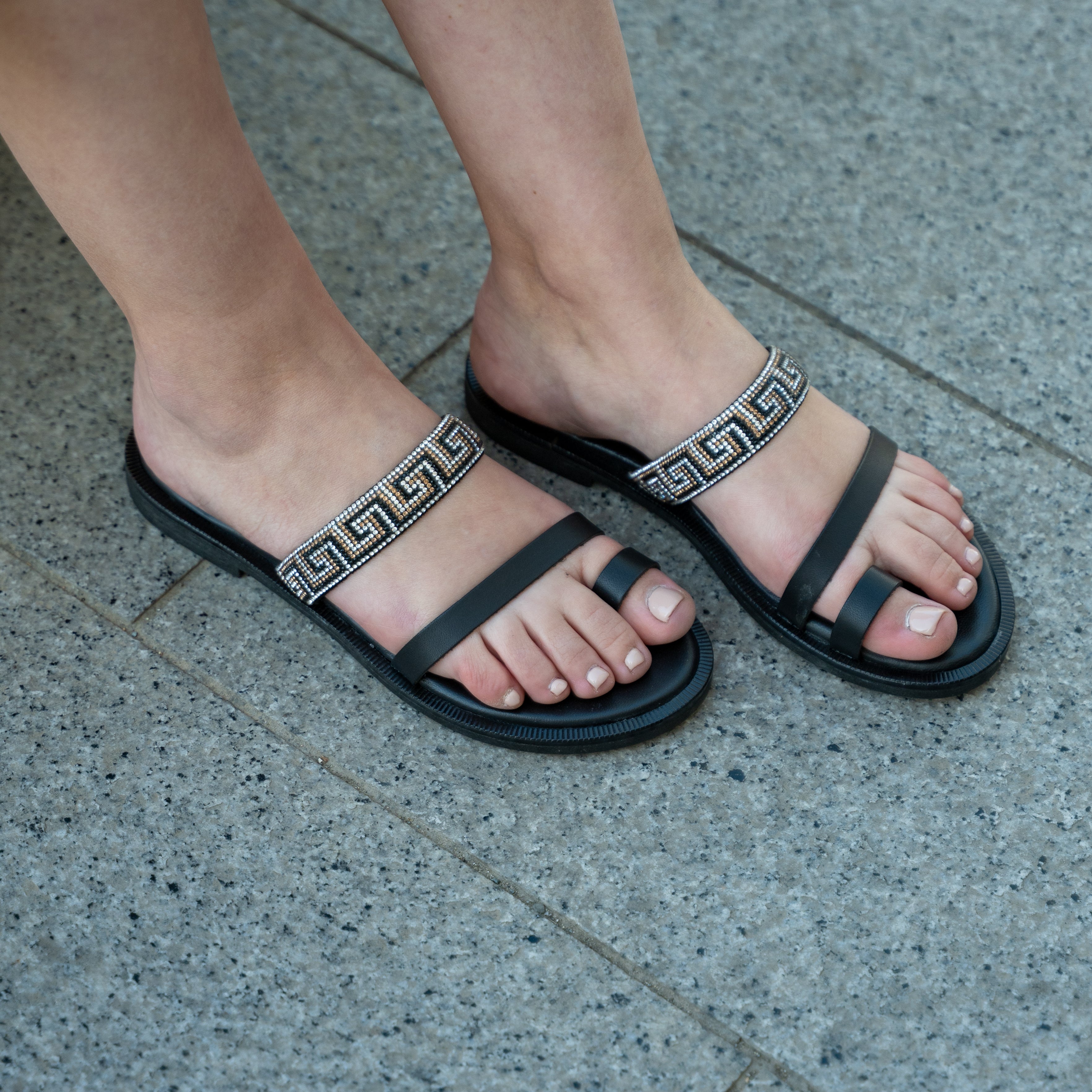 EVDOKIA Greek Pattern Leather Strappy Sandal