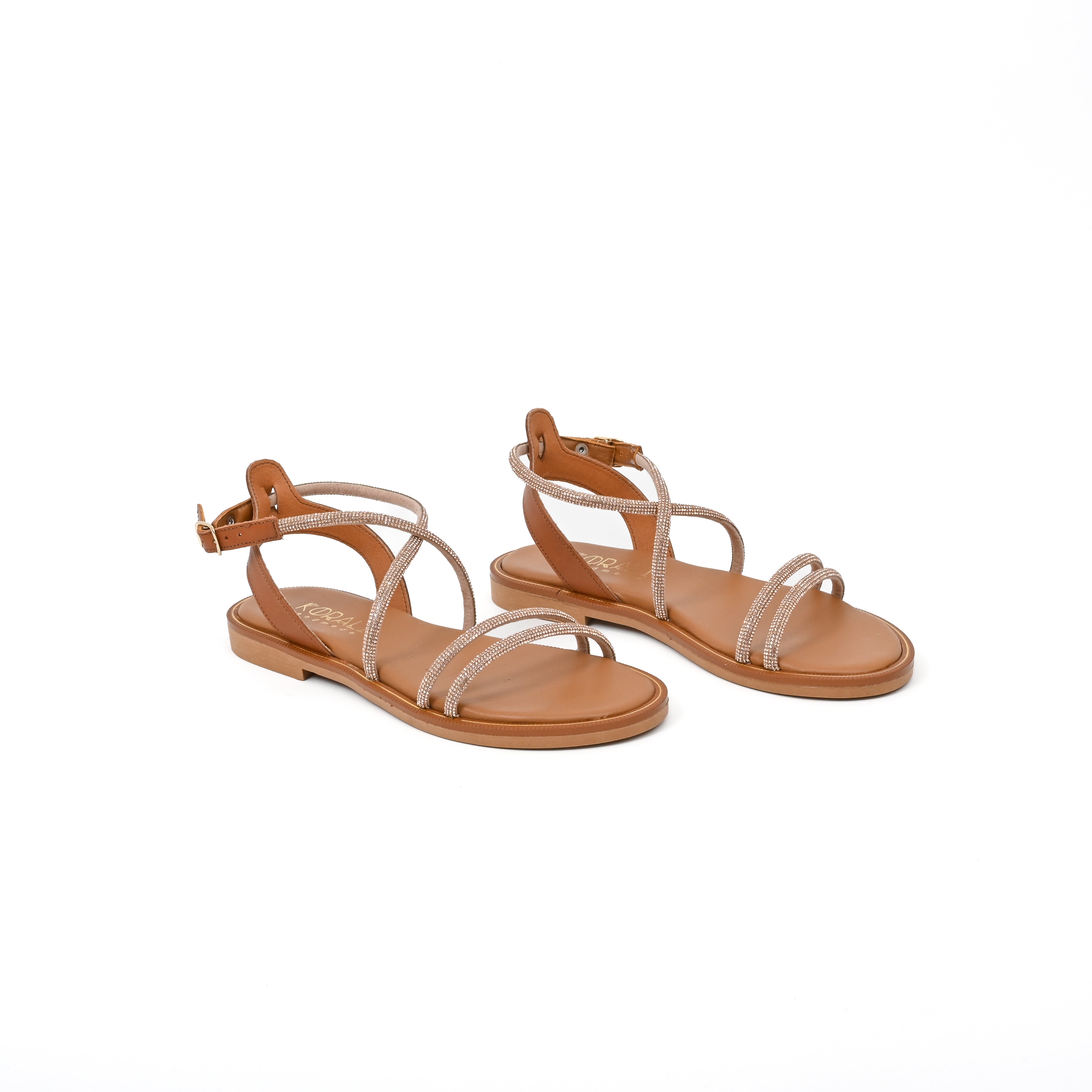 IVANA Leather Strappy Sandals with Rhinestone Embellishment