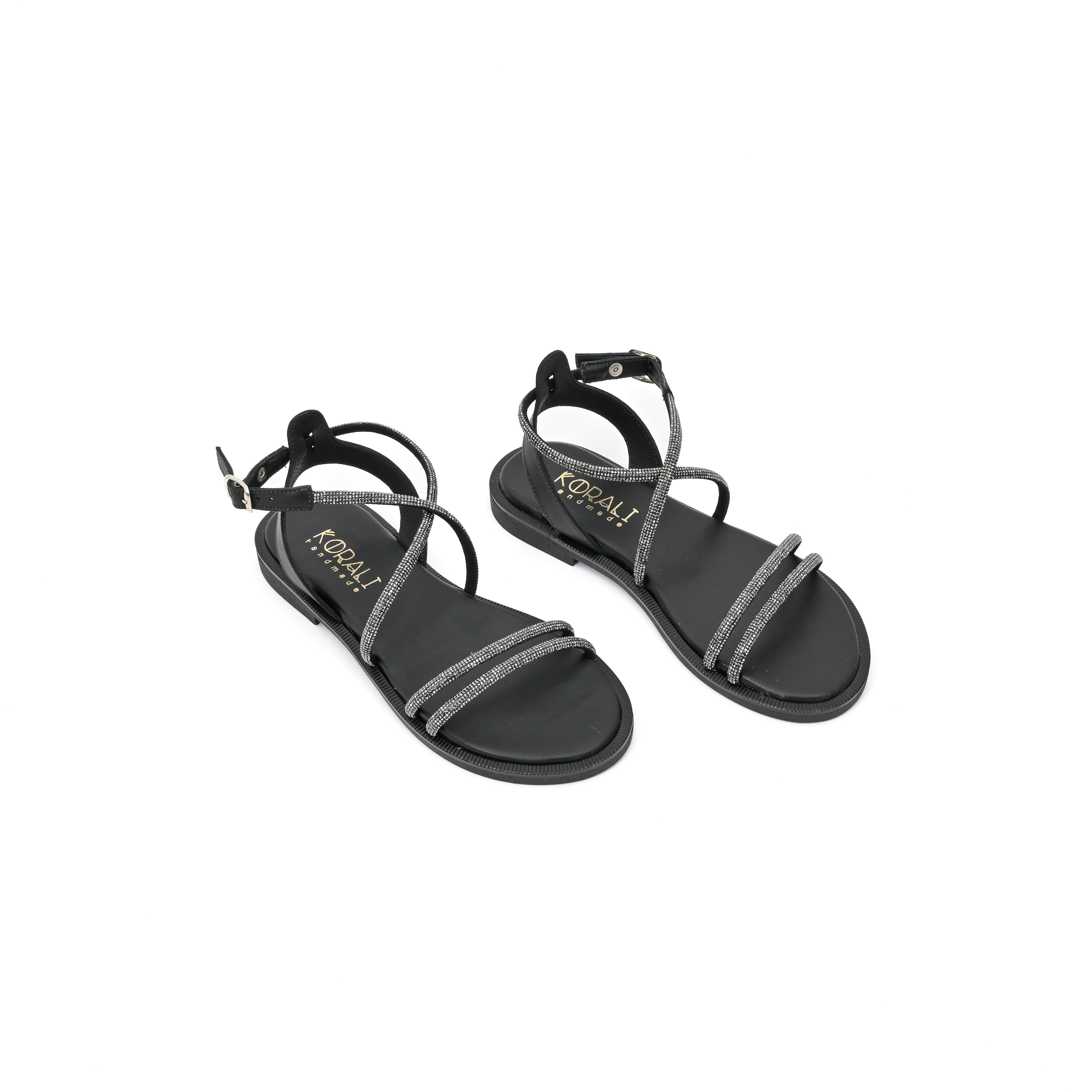 IVANA Leather Strappy Sandals with Rhinestone Embellishment