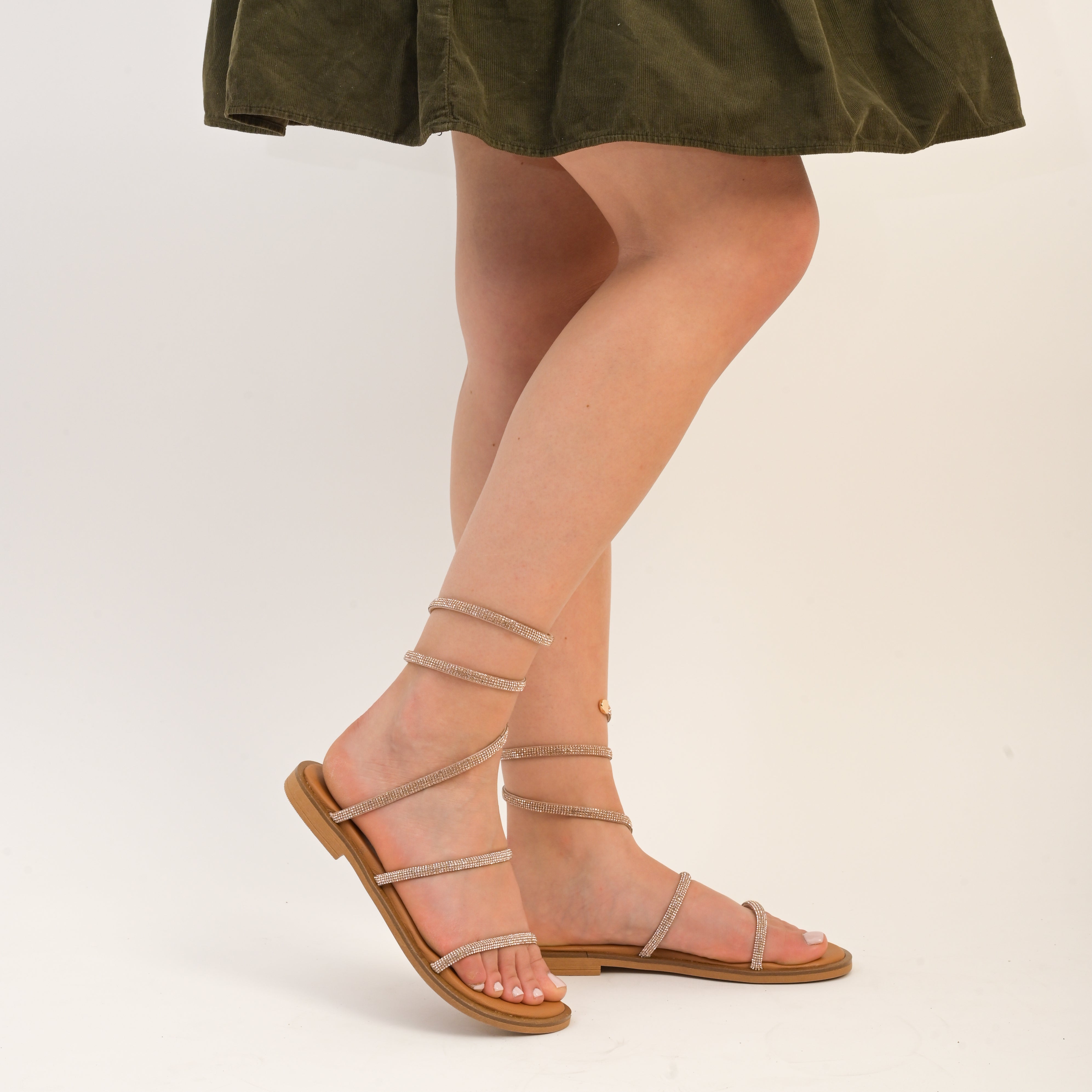 ARIADNE Leather Wrap Strap Sandals with Rhinestone Detailing