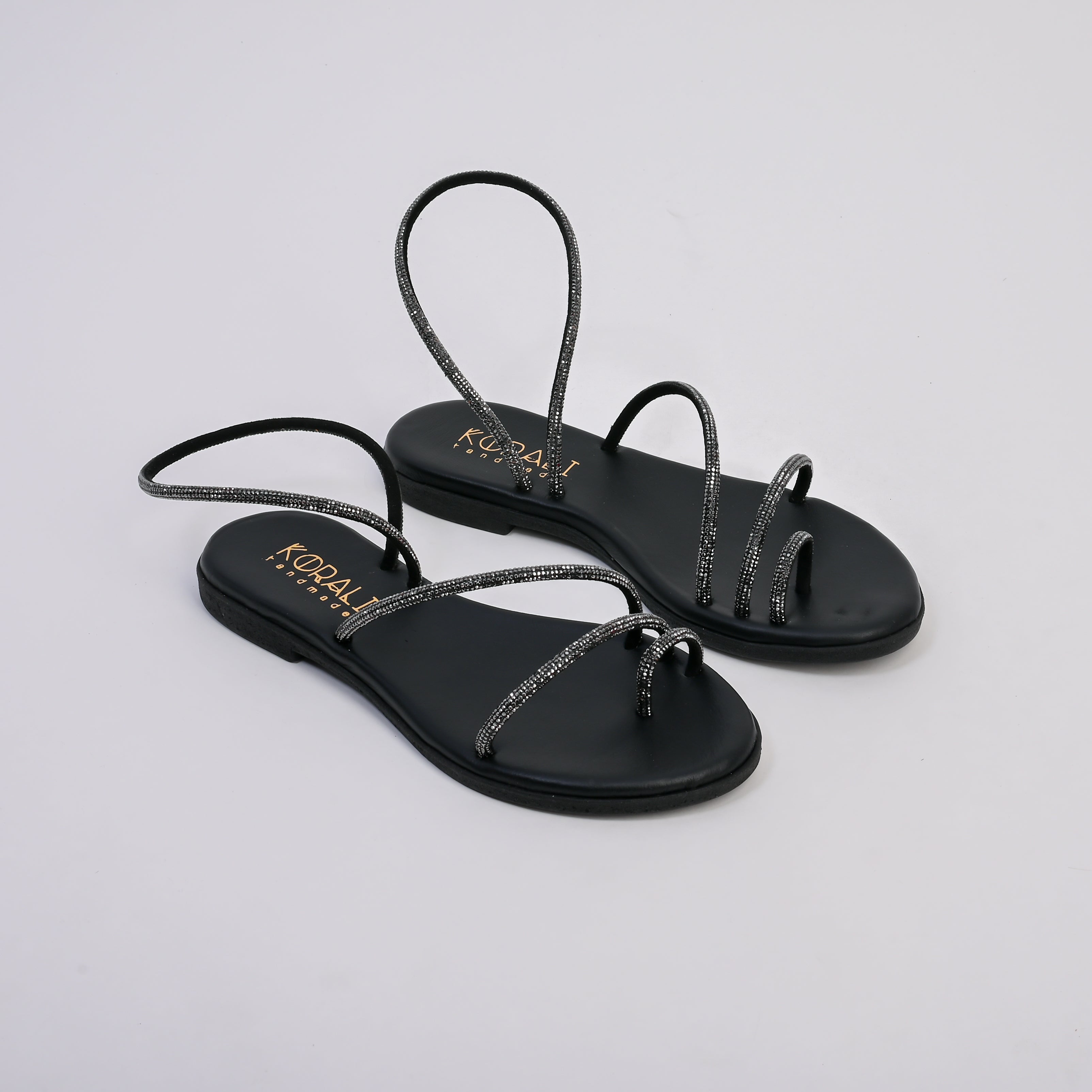 FAETHOUSA Strappy Rhinestone Flat Sandals