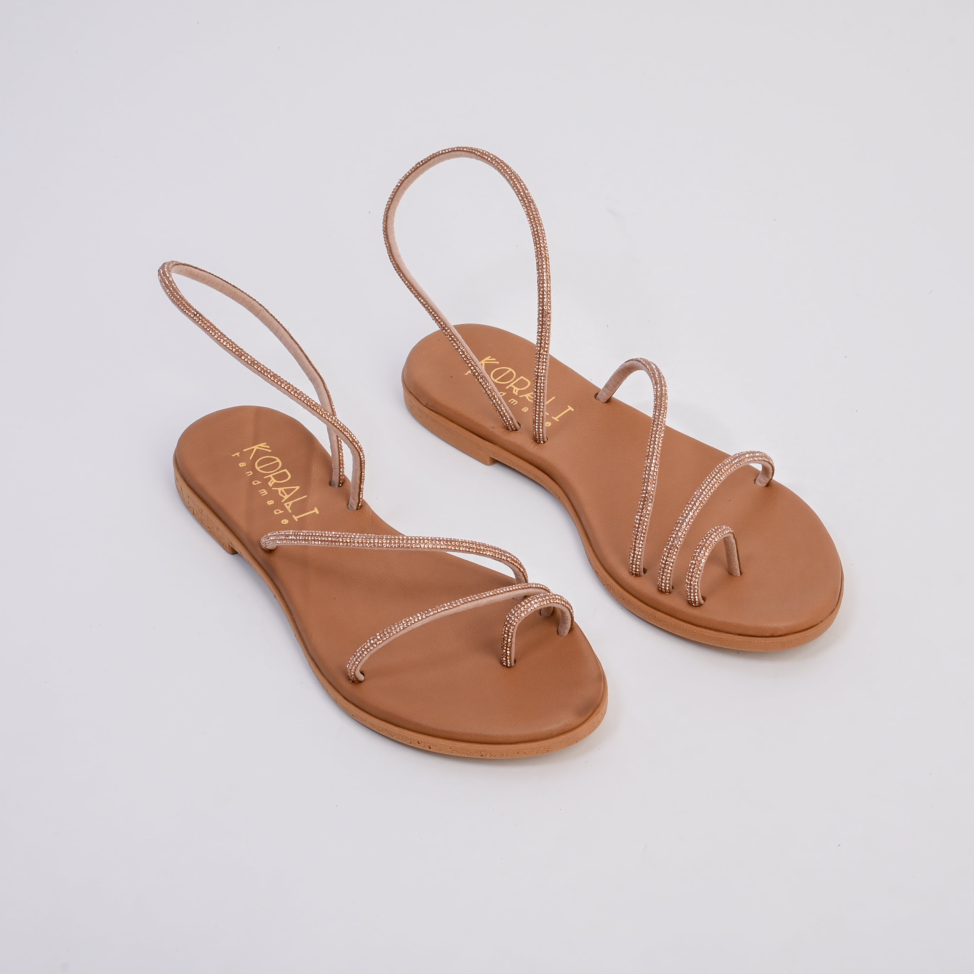 FAETHOUSA Strappy Rhinestone Flat Sandals