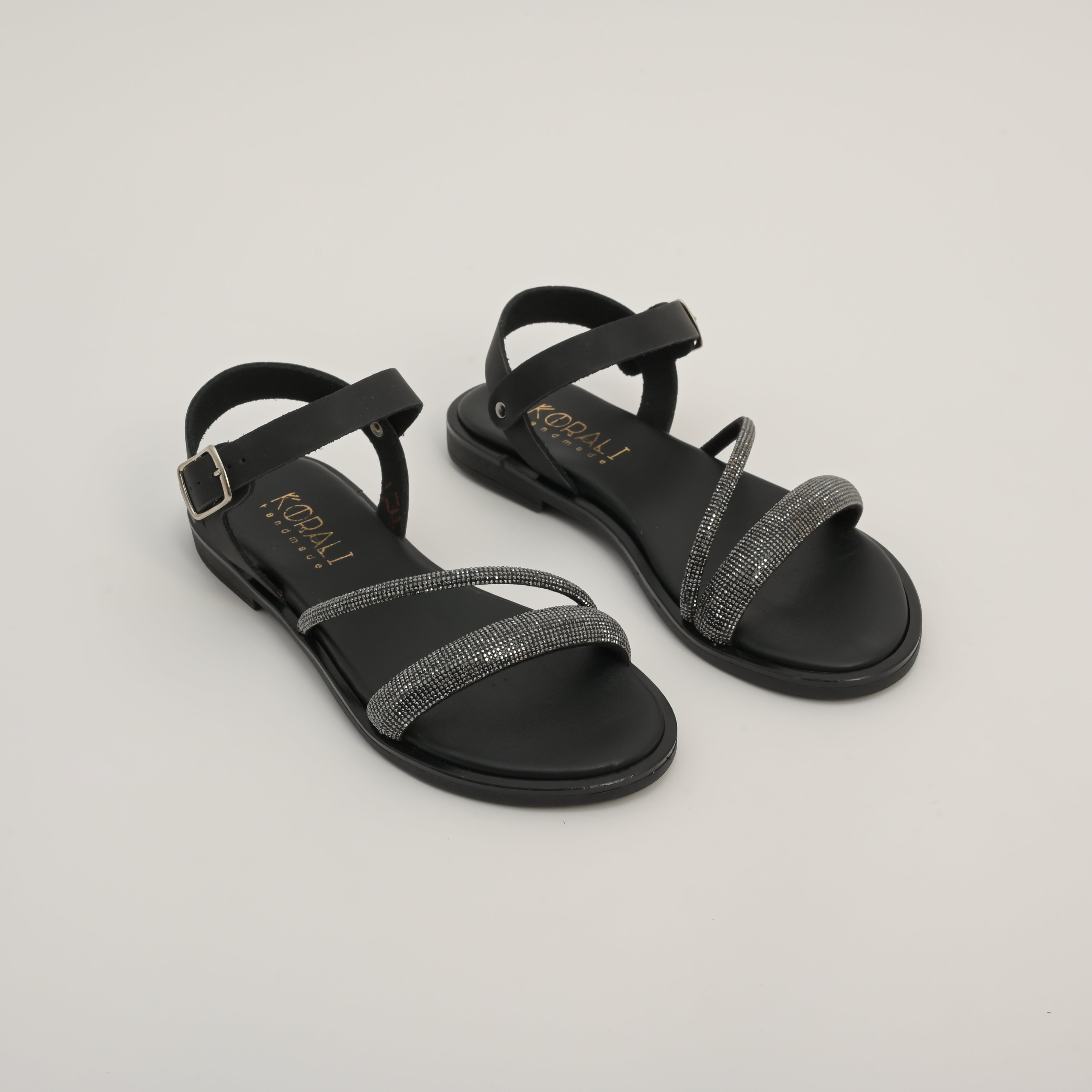 ALEXANDRA Leather Strap Sandals with Rhinestone Detailing