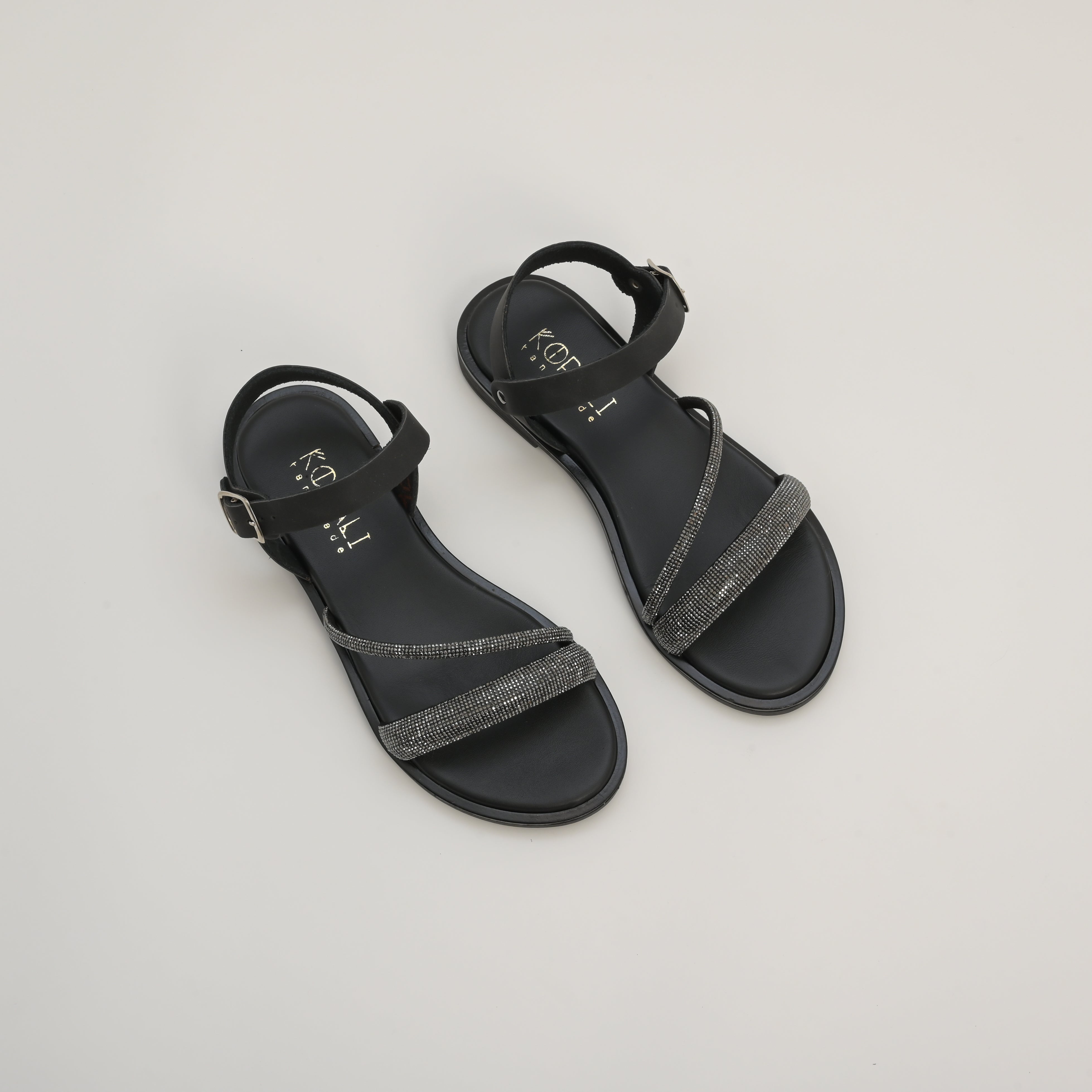 ALEXANDRA Leather Strap Sandals with Rhinestone Detailing