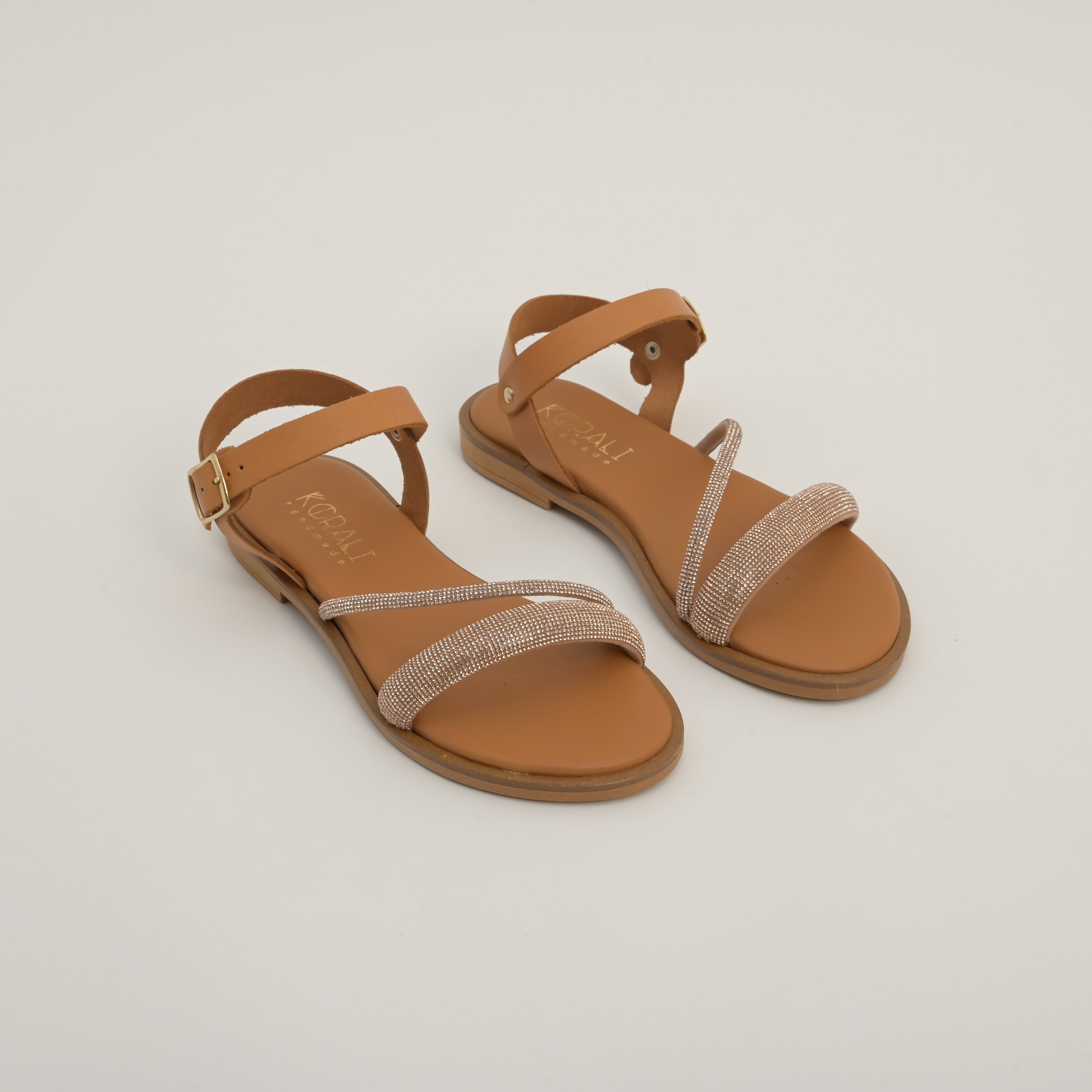 ALEXANDRA Leather Strap Sandals with Rhinestone Detailing