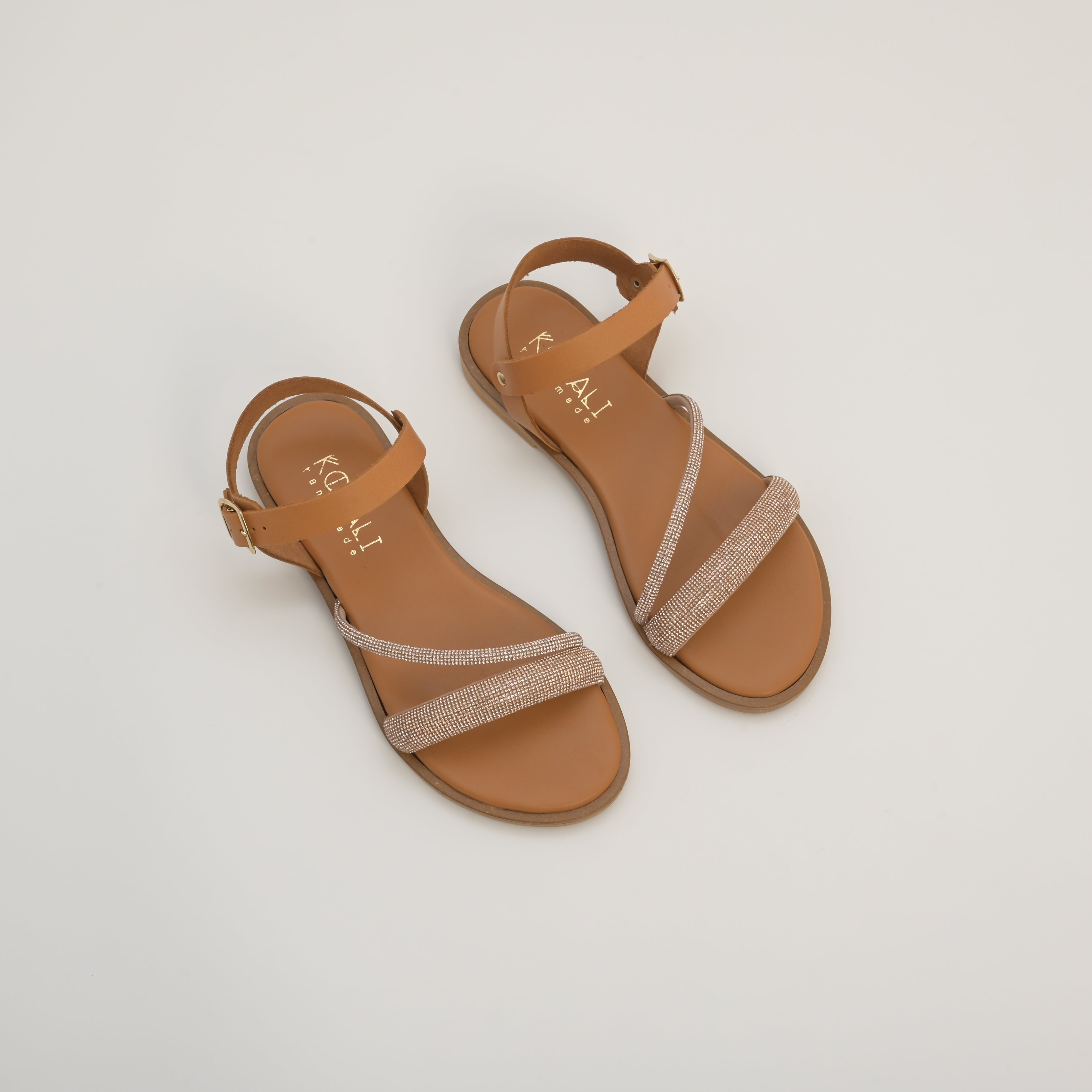 ALEXANDRA Leather Strap Sandals with Rhinestone Detailing