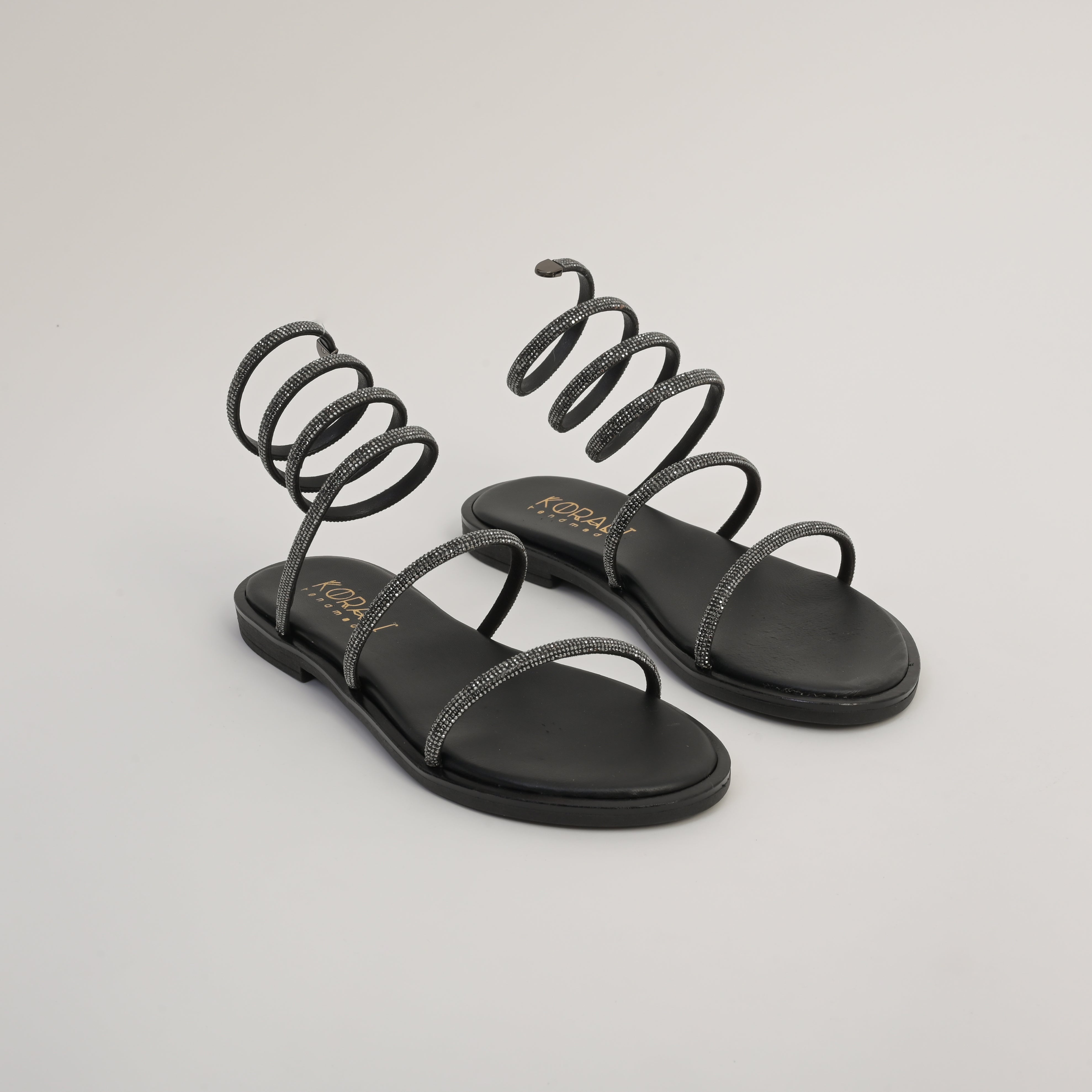 ARIADNE Leather Wrap Strap Sandals with Rhinestone Detailing