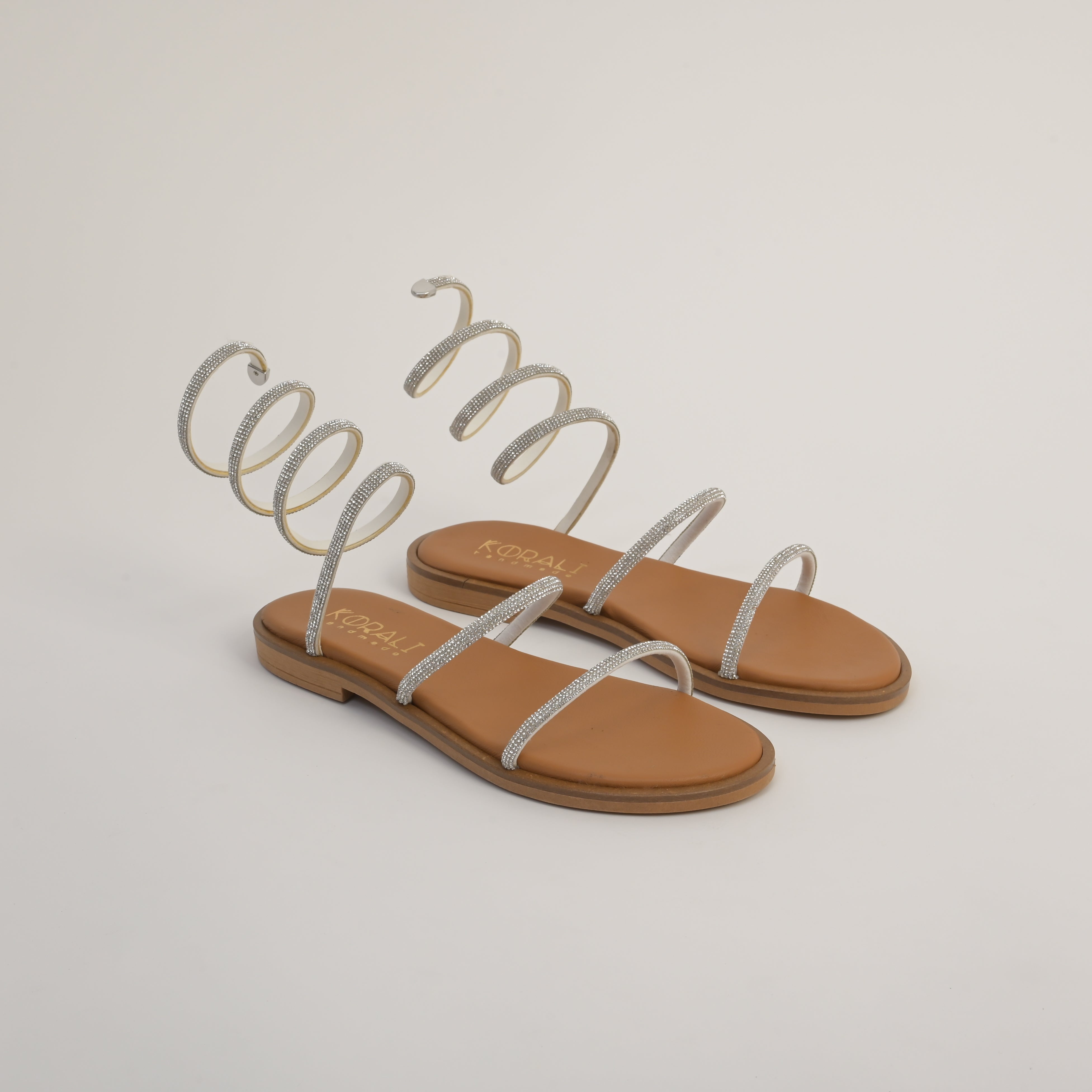 ARIADNE Leather Wrap Strap Sandals with Rhinestone Detailing